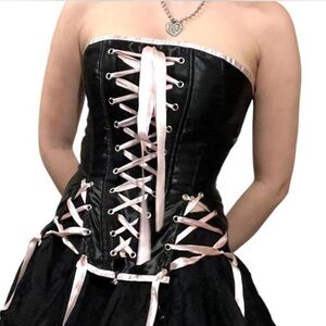 Elegant Black Corset with Pink Ribbon Lace Up Detailing